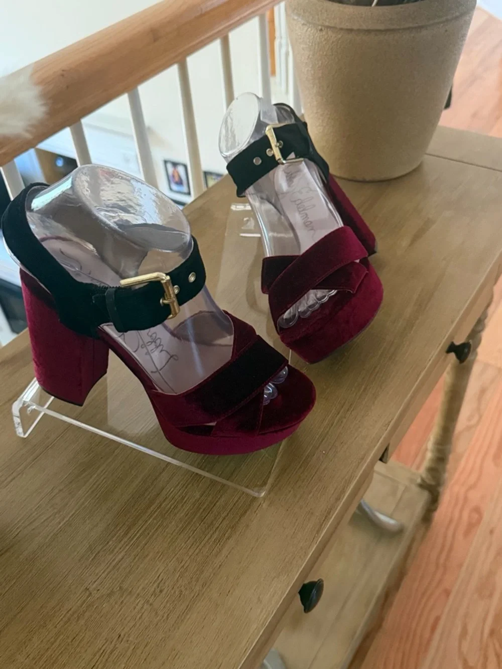 Libby. edelman Burgundy and Black Velvet Platform Block Heel Sandals - Picture 7 of 16